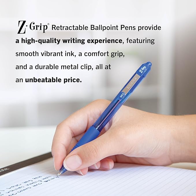 Zebra Pen Z-Grip Retractable Ballpoint Pen, Smooth-Flowing Blue Ink, 1.0mm Medium Point, School & Office Supplies, Ideal for Note-Taking, Journal and Planner Use, 12-Count (22220)