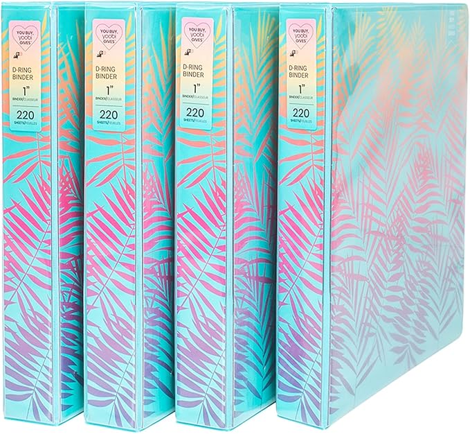 Yoobi 3 Ring Binders - 1 Inch Binder with Round D Rings and 2 Pockets, Durable, PVC-Free Organizer with 220 Sheets Capacity, 4- Pack with Plastic Cover for Office Supplies – Palm Leaves