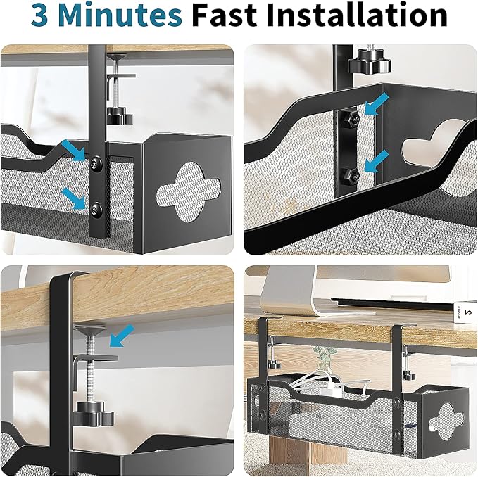 Under Desk Cable Management Tray Black, Litwaro Cable Management Under Desk No Drill, Cable Organizer with Clamp for Wire Management, Cord Organizer No Damage to Desk for Office, Home