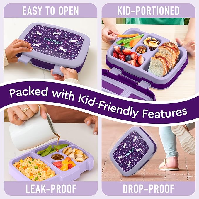 Bentgo Kids Prints Leak-Proof, 5-Compartment Bento-Style Kids Lunch Box - Ideal Portion Sizes for Ages 3-7, Durable, Drop-Proof, Dishwasher Safe, & PFAS & BPA-Free Materials (Unicorn)