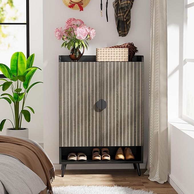 Tribesigns Shoe Cabinet with Doors, 7-Tier Shoe Storage Cabinet with Adjustable Shelves, Wooden Shoes Rack Shoe Storage Organizer for Entryway, Hallway, Closet, Living Room, Gray