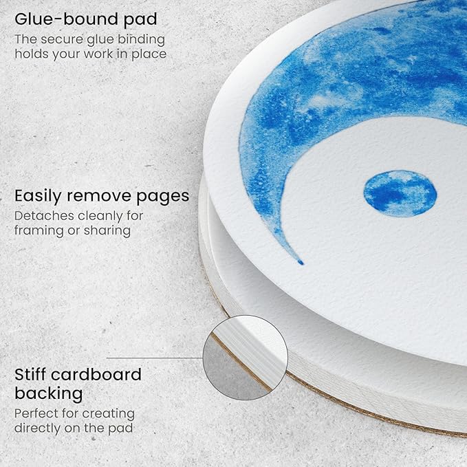 ARTEZA Watercolor Paper, 20 Sheets, 7 Inch Diameter Round Paper Pads, 140lb/300gsm, 100% Cotton, Cold Press, Acid Free Art Paper
