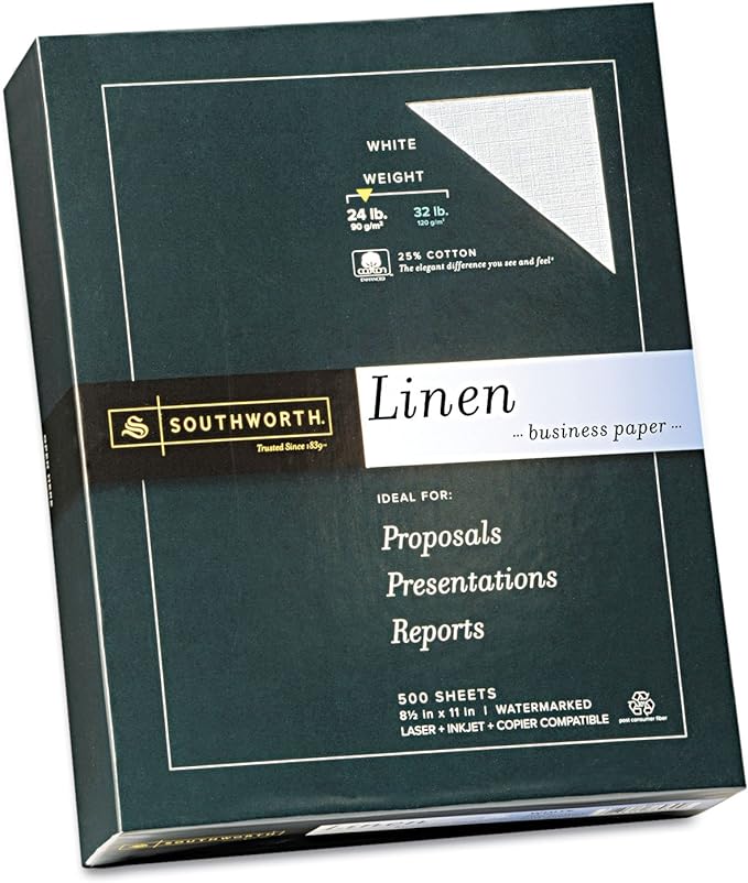 Southworth 25% Cotton Business Paper, 8.5 x 11", 24 lb/90 gsm, Linen Finish, White, 500 Sheets - Packaging May Vary (554C)