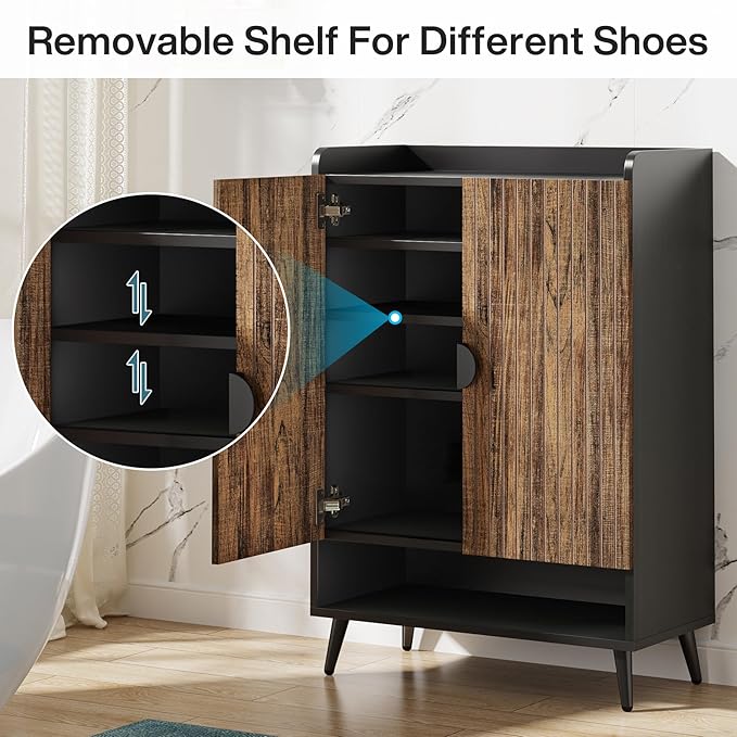 Tribesigns Shoe Cabinet with Doors, 7-Tier Shoe Storage Cabinet with Adjustable Shelves, Wooden Shoes Rack Shoe Storage Organizer for Entryway, Hallway, Closet, Living Room, Rustic Brown