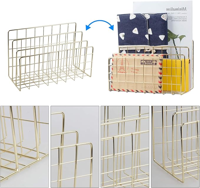 Desktop Mail Organizer File Organizer Metal Wire Mail Sorter Letter Organizer Magazine Rack for Letters, Mails, Books, Postcards, Brochures, Mail Holder (3 Slot, Gold)