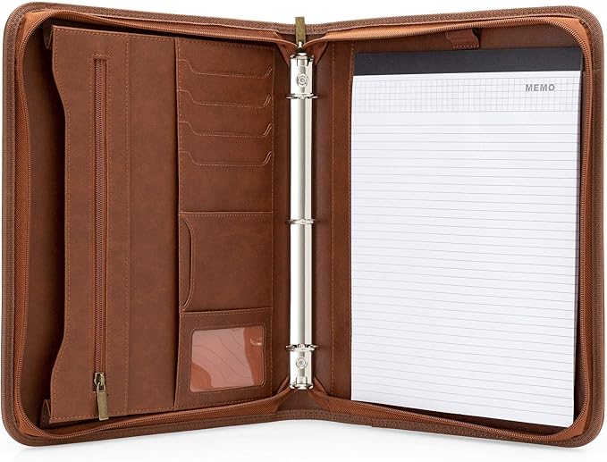 Forevermore Portfolios Portfolio Organizer - 3 Ring Binder with Notepad - 1.5 Inch Rings - Zippered Storage Pockets for Papers, Travel Documents, Presentation Folder, Cards, Passport, Tickets - Brown