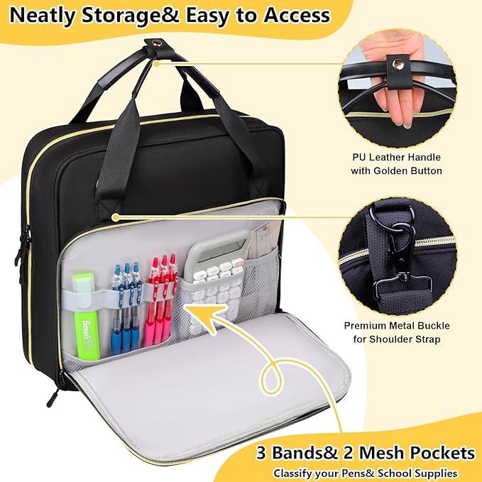 3 D-Ring Zipper Binder 2 inch with Shoulder Strap, Waterproof Oxford Binder with Zipper Storage 500 Sheets Capacity, Multi-Pockets Organizer Bag for 13 in Laptop School& Office Supplies Black