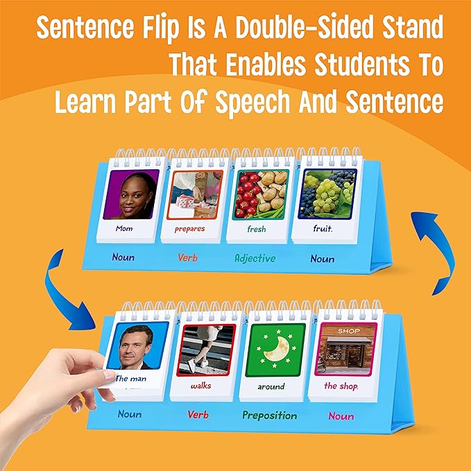 Sentence Flip Charts, 80 Double Sided Cards in Noun/Verb/Adjective/Preposition 40 New Sentence Building Freestanding Flip Chart Educational Learning Tool for School Supplies