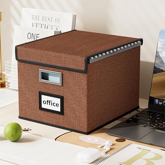 Huolewa Upgrade Portable File Organizer Box with Lid,Large Linen Hanging Office Document Storage Box with Lid,Collapsible Filing&Storage Box for Office/Decor/Home-14.9x12.7x10.8in,1pk-without folders