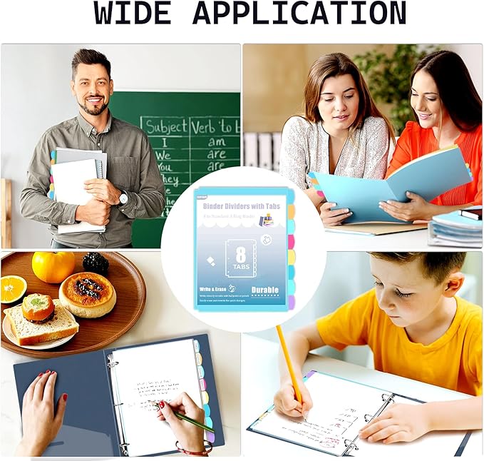 8-Tab Plastic Dividers for 3 Ring Binders, Write & Erase, Folder Dividers with Tabs for 8.5 x 11'' Letter Size Papers, Assorted Color, 2 Set