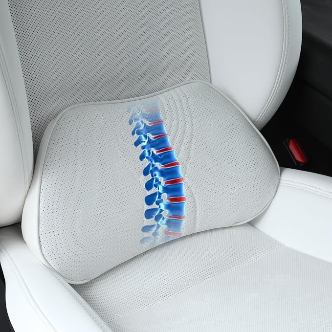 Lumbar Support Pillow for Car Seat, Office Chair Nappa Leather Memory Foam Lower Back Cushion for Back Pain Relief Improve Posture, Ergonomic Back Rest for Gaming Chair, White, 1PC