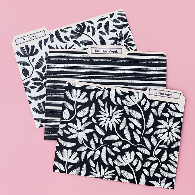 Steel Mill & Co Cute File Folders, Set of 9, Document Organizer for Filing Cabinet, Decorative Letter Size Files, Hand Drawn Black Floral