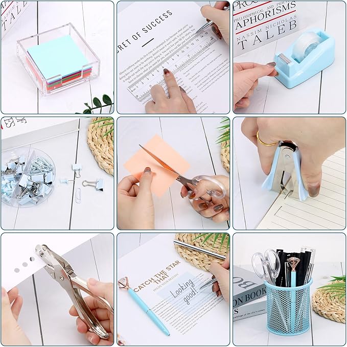 17 in 1 Blue Desk Organizers and Accessories Set, 3 Office Desk Supplies Storage Organization, 4 Pens, Stapler, Staples & Remover, Tape & Dispenser, Scissors, Ruler, Clips, Hole Punch, Back to School