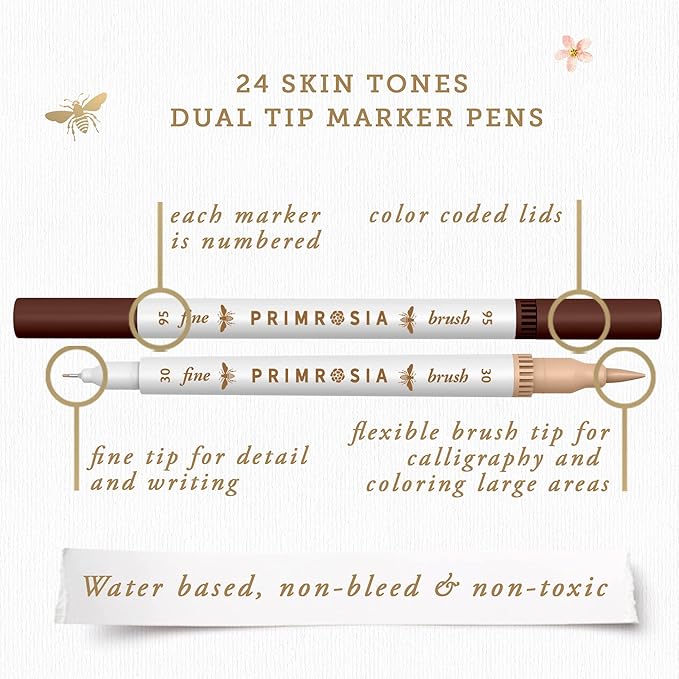 Primrosia 24 Skin Tones Dual Tip Marker Pens, Hair and Portrait Watercolor Sketch Set – Fine and Brush Ends, Art Supplies for Coloring, Sketching and Drawing