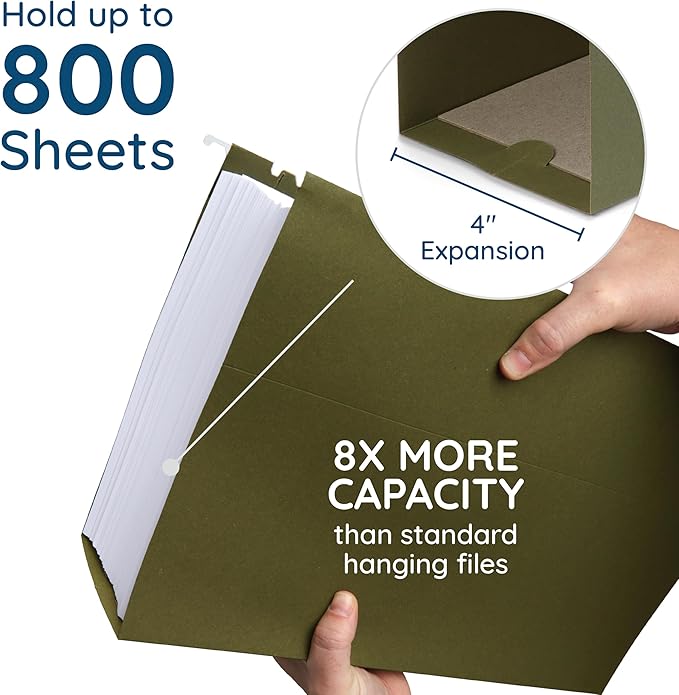 25 Blue Summit Supplies Legal Size Hanging File Folders, 4" Expansion, Standard Green, 12pt Paper, Plastic Tabs Included, Expandable Hanging File Folders, 25 Pack