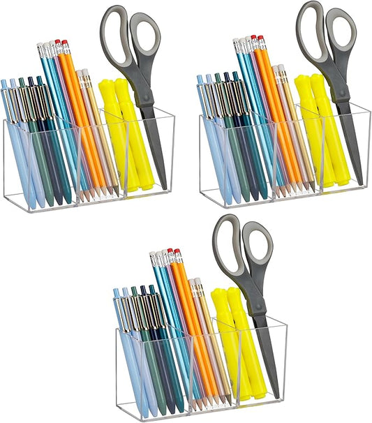 Mind Reader Pen and Accessories Holder, Desktop Organizer, Makeup Organizer, Office, Acrylic, 7"L x 2.5"W x 3.5"H, Set of 3, Clear