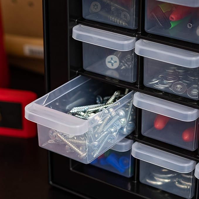 IRIS USA Small Plastic Drawer Organizer, 16-Drawer, Stackable Teacher Toolbox Crayon Small Parts Bead Building Bricks Screw Garage Desk Storage Cabinet, Drink and Water Flavor Packet Organizer, Black