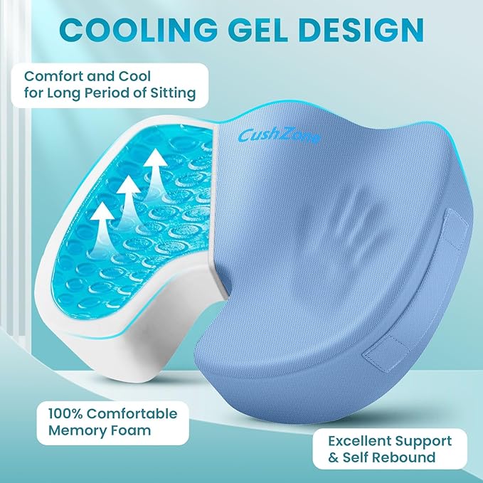 Office Chair Seat Cushion, Cooling Gel Enhanced Memory Foam Cushion for Long Sitting - Back, Sciatica, Coccyx, Tailbone Pain Relief Pillow - for Office, Gaming, Car, Wheelchair - Light Blue, Large