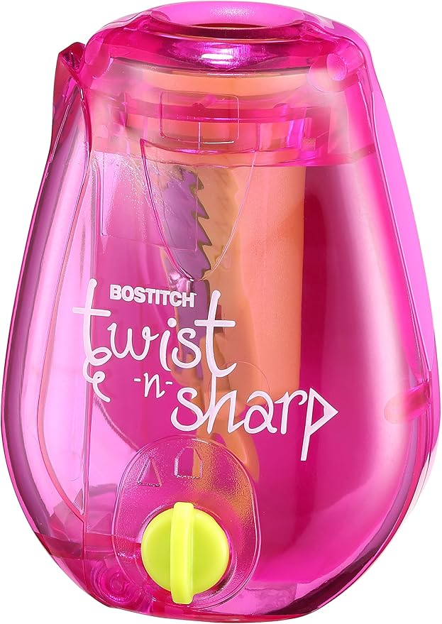 Bostitch Office Twist-n-Sharp Pencil Sharpener, for Kids & Colored Pencils, Assorted Colors (PS1-PINK-EC)