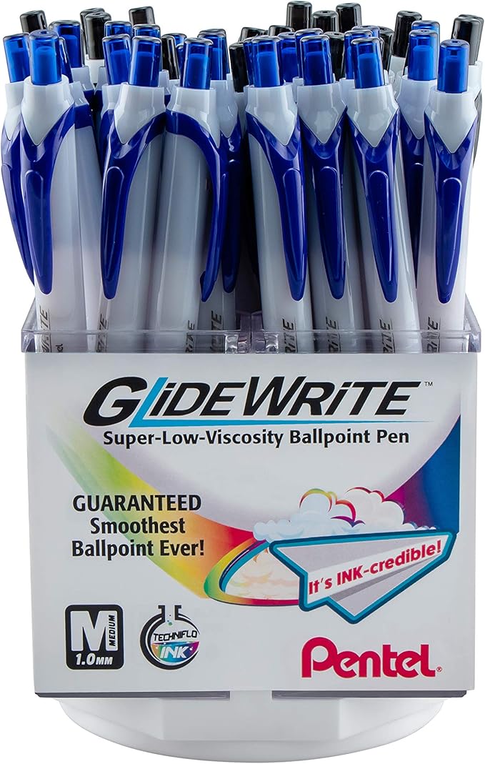 Pentel GlideWrite with TechniFlo Ink Ballpoint Pen, (1.0mm) Med. Line, Black/Blue Ink, 48 Pieces (BX910AC-4)