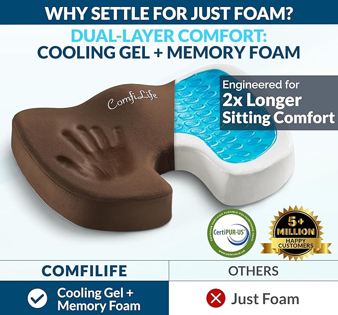 ComfiLife Premium Gel & Memory Foam Seat Cushion – Doctor Recommended Office Chair Cushion, Car Seat Cushion – Chair Cushions for Back & Sciatica Pain Relief – Seat Cushions for Office & Desk (Brown)