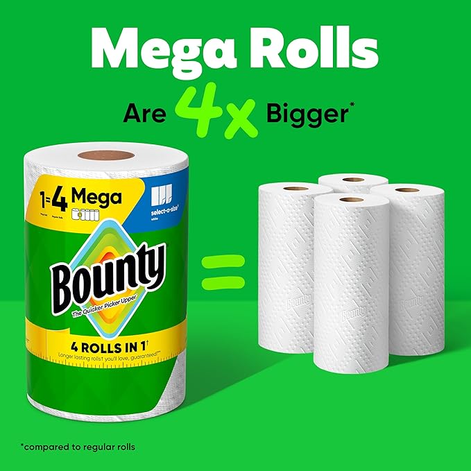 Bounty Select-A-Size Paper Towels, White, 2 Mega Rolls = 8 Regular Rolls