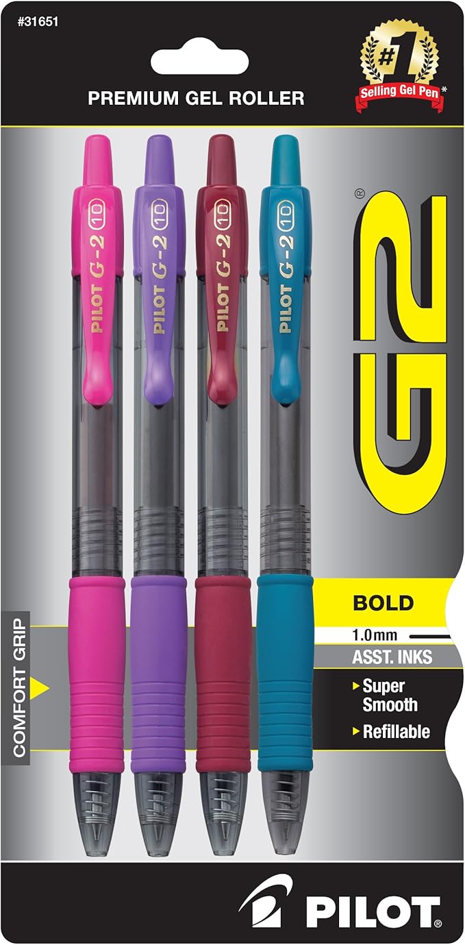 Pilot G2 Premium Retractable Gel-Ink Rolling Ball Pens, Bold Point (1.0mm), 1.0 Gel Pens, Assorted, 4-Pack - Ideal for School, Journaling, & Office Writing