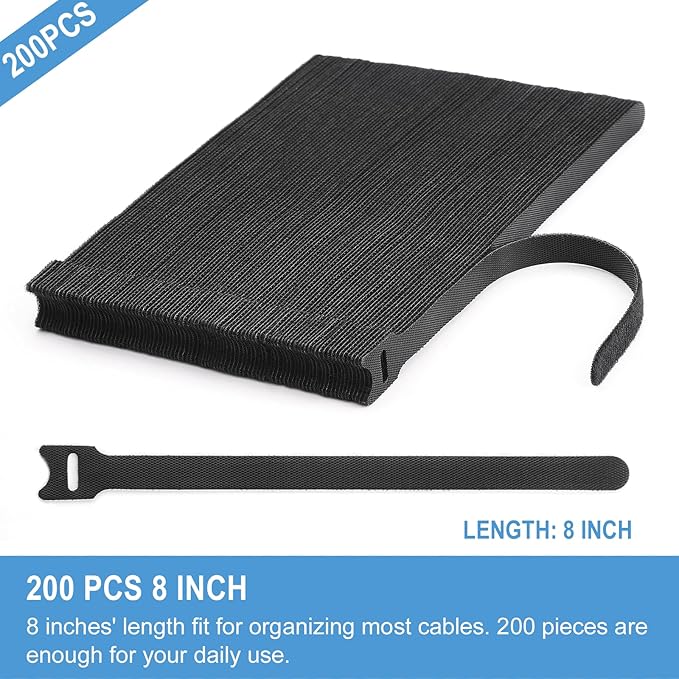 200 PCS 8 Inches Reusable Cable Ties | Adjustable Cord Wraps, Cable Straps | Hook & Loop Cord Organizer, Cable Management