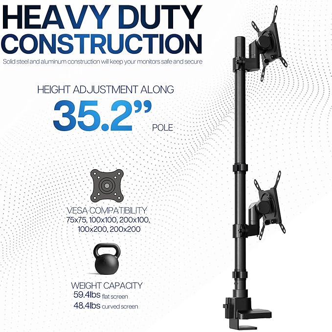 VIVO Dual Vertically Stacked Ultra-Wide Monitor Desk Mount for up to 57 inch Screens, Heavy Duty Adjustable Stand for 2 Ultrawides, 59.4 lbs Capacity, Black, STAND-V257R