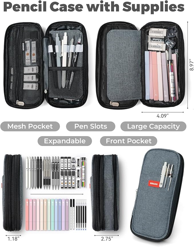 Four Candies 45 PCS School Supplies with Pen Case, 12 Pastel Highlighters, 6 Black Ink Gel Pens, 6 Mechanical Pencils Set for Students Stationary College Essentials (Black)