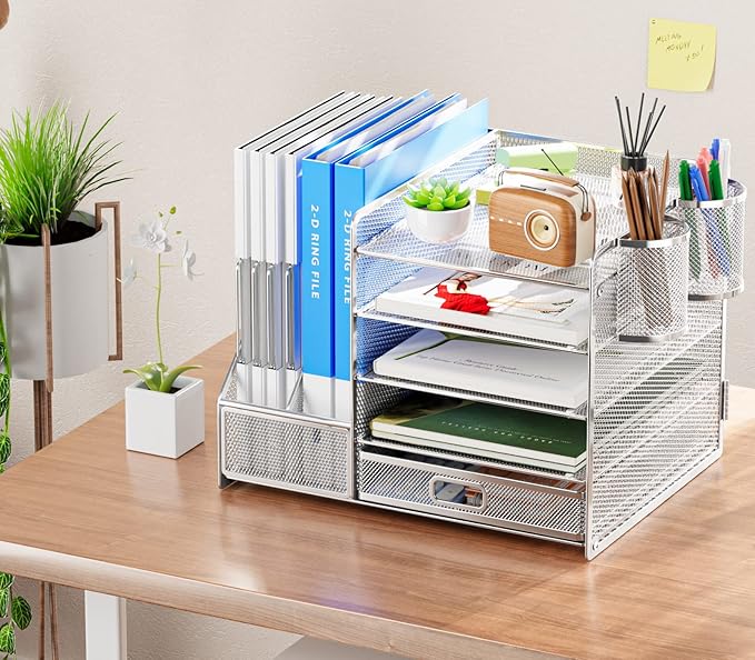 Marbrasse Desk Organizer with File Holder, 5-Tier Paper Letter Tray Organizer with Drawer and 2 Pen Holder, Mesh Desktop Organizer and Storage with Magazine Holder for Office Supplies (Silver)