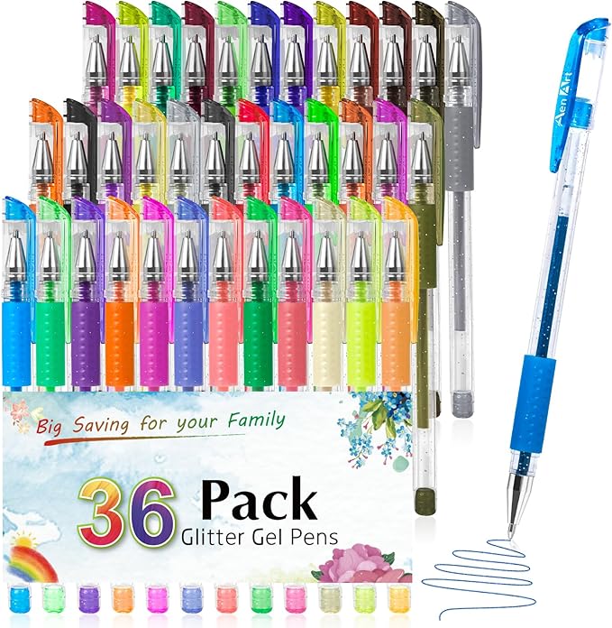 Aen Art Glitter Gel Pens for Adult Coloring Books, 36 Colors Gel Marker Set Colored Pen with 40% More Ink for Kids Drawing, Doodling, Crafts and Taking Note