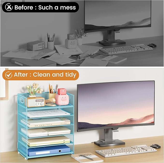 Subekyu 6 Tier Office File Paper Desk Tray Organizer with Handle, Stackable Slide Mesh Letter Tray Folder Blue Desk Organizer, Desktop Document Sorter for Classroom, Office, Home Supplies Storage