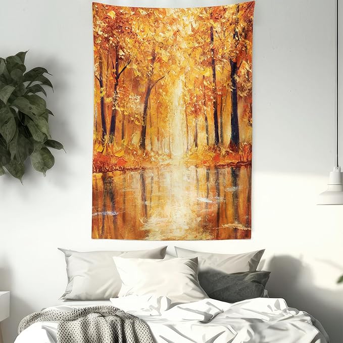 Ambesonne Country Tapestry, Painting of a Forest by the Small Lake in Autumn Pale Fall Trees and Leaves Art, Fabric Wall Hanging Decor for Bedroom Living Room Dorm, 30" X 45", Orange Brown