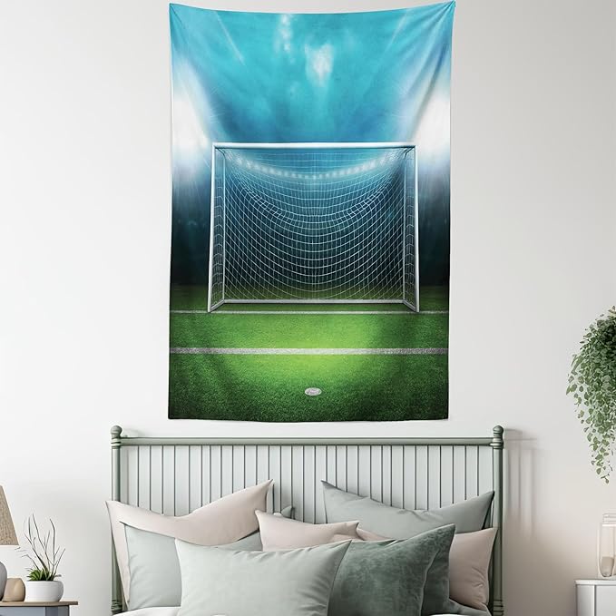 Ambesonne Soccer Tapestry Twin Size, Soccer Goal Post Sports Area Winner Loser Line Floodlit Best Team Finals Game Theme, Wall Hanging Bedspread Bed Cover Wall Decor, Twin Size, Green and Blue