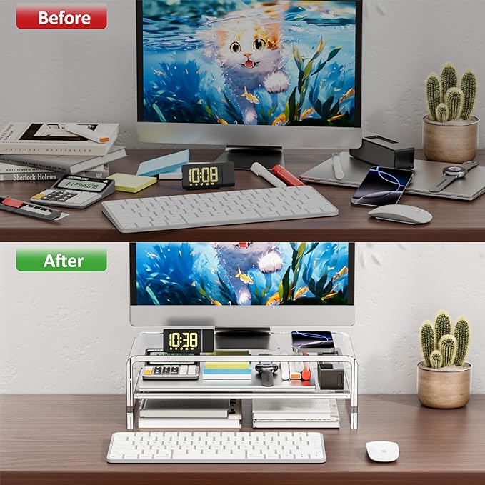 Clear Acrylic Monitor Stand Riser 2 Tier, 5.12 Inches High Clear Computer Desk Organizer Shelf for Multi Media PC Storage Laptop