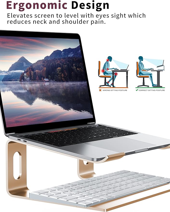 ALASHI Laptop Stand for Desk, Aluminum Computer Riser, Ergonomic Notebook Holder, Detachable Metal Laptops Elevator, PC Cooling Mount Support 10 to 15.6 Inches Notebook, Gold