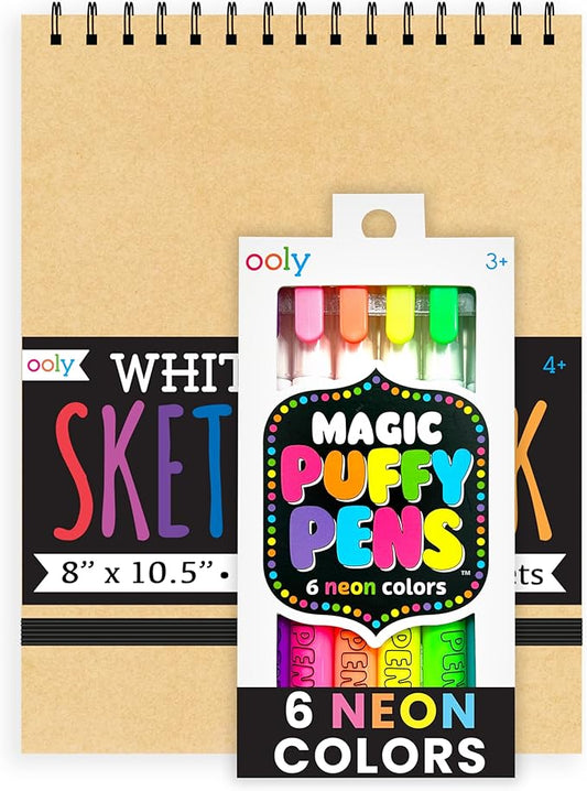 Ooly Puffy Paint Neon Gel Pens Set of 6 & Sketchbook Bundle, 3D Foam Texture Painting Magic Puffy Pen, Creative and Fun Pens for Kids Arts and Crafts Drawing Supplies