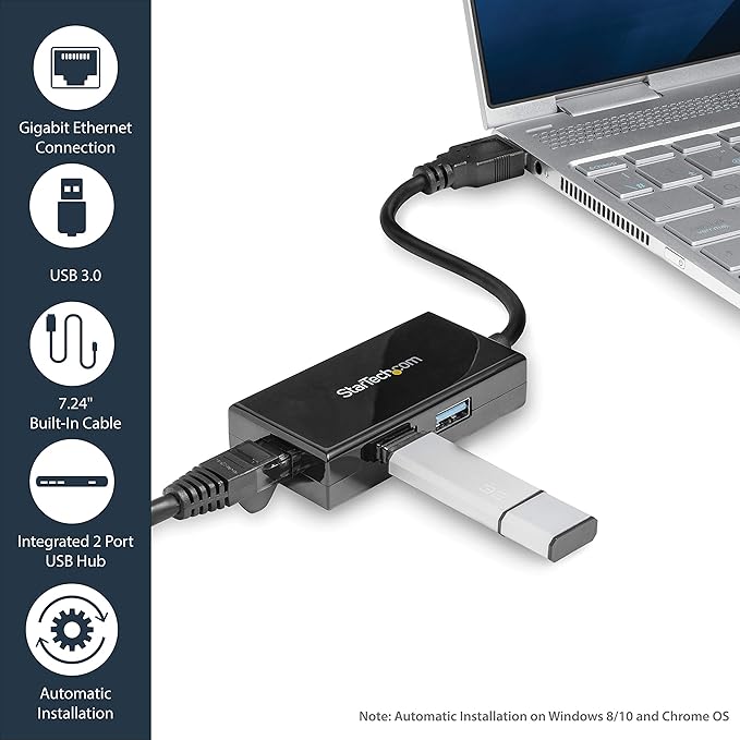 StarTech.com 2 Port USB 3.0 Hub with Ethernet - USB 3.0 x 2 - Gigabit Ethernet Network Adapter for Windows/Mac/Chrome (USB31000S2H) Black