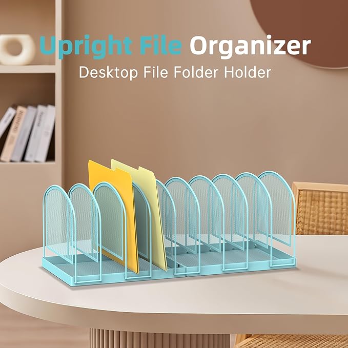 SUPEASY File Organizer 9-Section Mesh Desk Organizer, Upright File Organizer Desktop Organizer File Sorter, File Folder Holder for Office Supplies, Blue