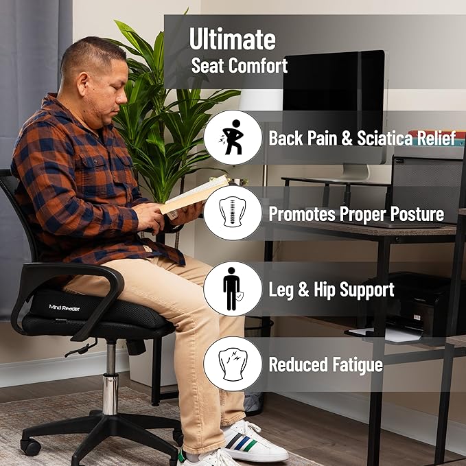 Mind Reader Air-Cloud Seat Cushion, Ergonomic Support for Posture, Pressure Relief, and Pain Reduction, Portable with Washable Cover, Memory Foam, Black
