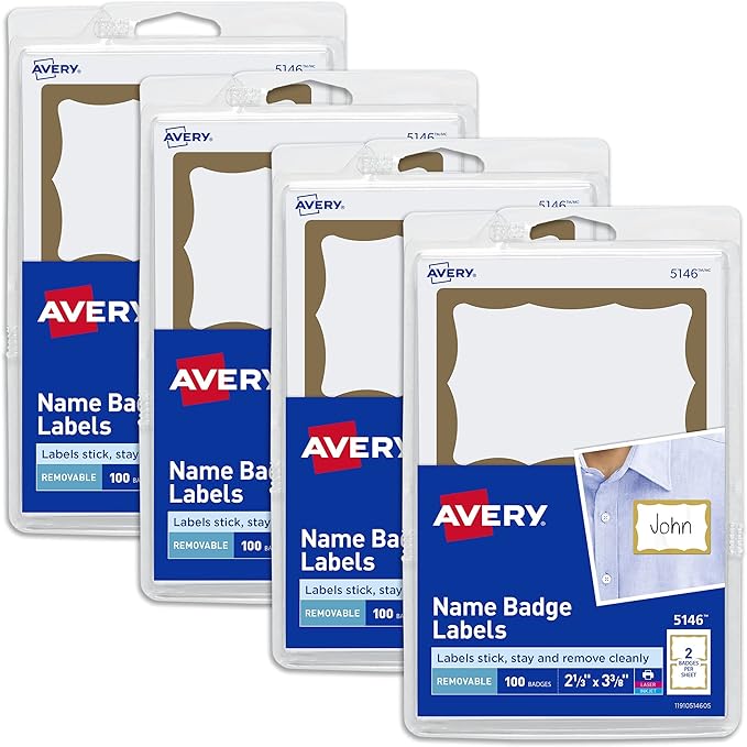 Avery Name Tags, Print or Write, Gold Border, 100 Adhesive Tags Per Pack, 4 Packs, 400 Total (05146)