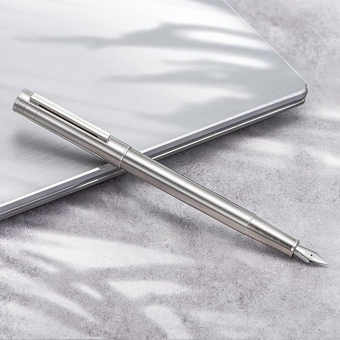 Hongdian 1861 Stainless Steel Fountain Pen Bent Nib, Classic Design Smooth Writing Pen with Converter and Metal Pen Case Set