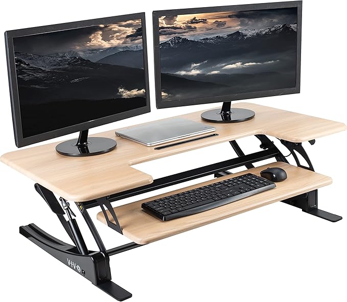VIVO 42 inch Height Adjustable Stand Up Desk Converter, V Series, Quick Sit to Stand Tabletop Dual Monitor Riser Workstation, Light Wood Top, Black Frame, DESK-V000VLO