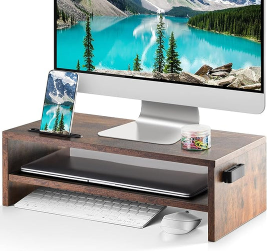 Marbrasse 16.5 Inch Monitor Stand, 2 Tier Computer Monitor Riser with Printer Shelf, Laptop Computer Screen Storage, Desktop Stand - Phone Holder & Cable Management (Vintage)