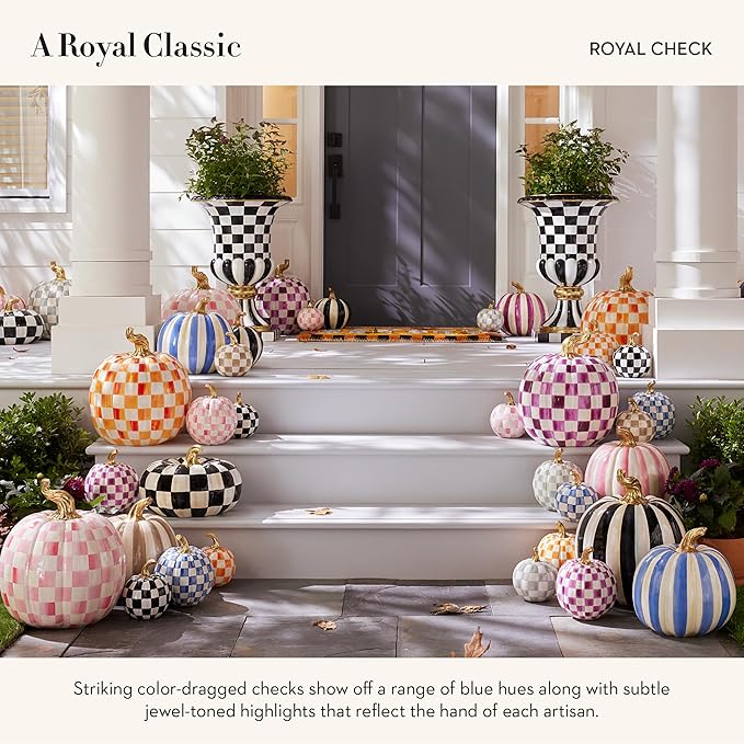 MACKENZIE-CHILDS Mini Pumpkin, Resin Halloween Home Decor, Blue-and-White Royal Check