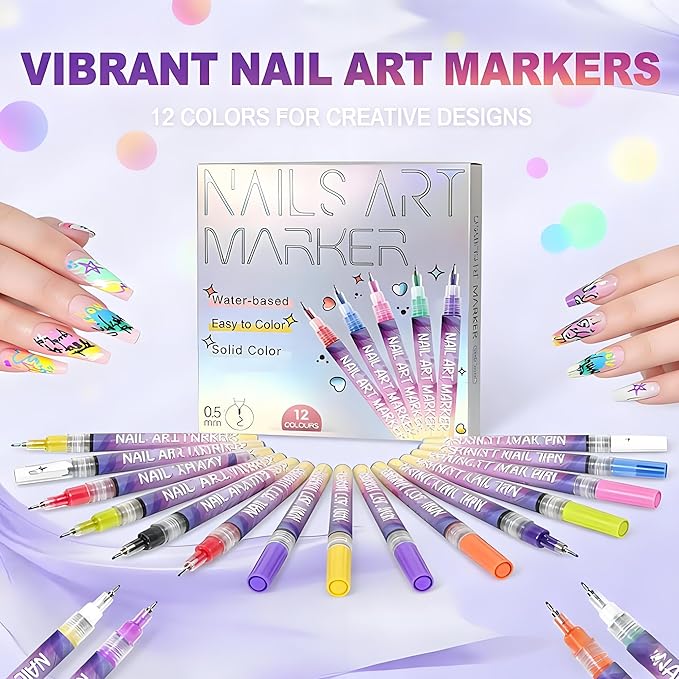 12 Colors Nails Art Pens Set,Upgraded 3D Nails Art Markers for Gel Nails,DIY Nails Art Marker Drawing Painting Liner Pen,Nails Art Nail DIY Decoration for Kids (C-3 Set)