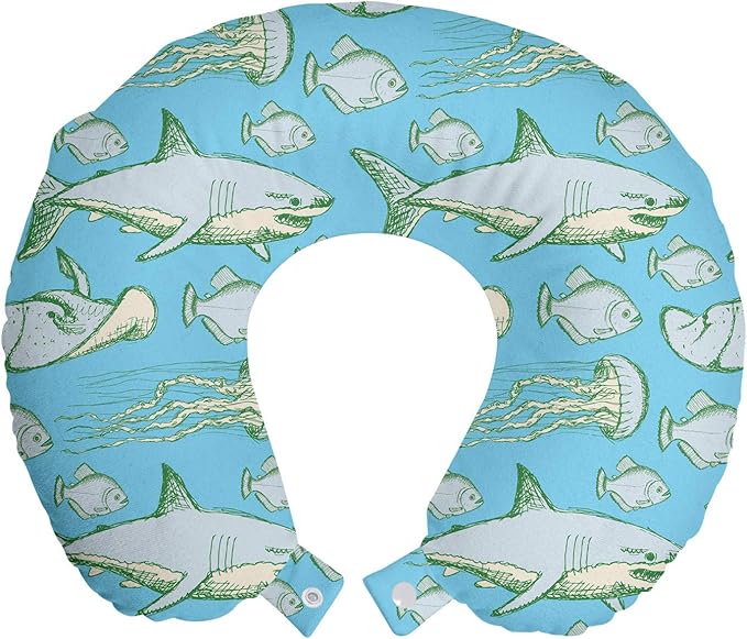 Ambesonne Shark Travel Pillow Neck Rest, Sea Creatures in Vintage Style Swimming Flatfish Stingray and Jellyfish, Memory Foam Traveling Accessory for Airplane and Car, 12", Pale Blue Grey Green