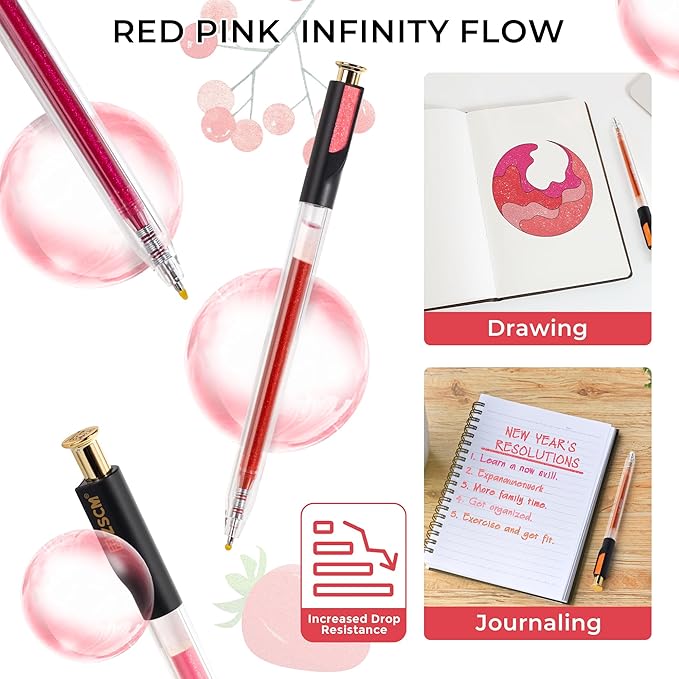 Retractable Glitter Gel Pens, 12 Colors Large Capacity Red Pink Glitter Metallic Gel Ink Pens, 1 mm Fine Point Smooth Writing Color Pens for Adult Coloring Book Note Taking Aesthetic Art Supplies