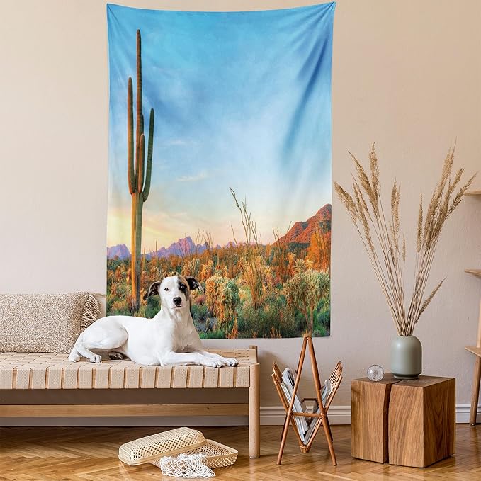 Ambesonne Saguaro Tapestry, Sun Goes Down in Desert Prickly Pear Cactus Southwest Texas National Park, Wall Hanging for Bedroom Living Room Dorm Decor, 60" X 80", Orange and Blue